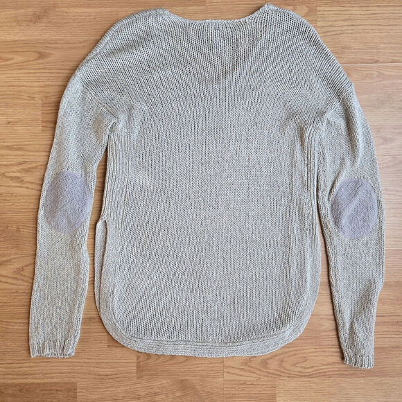 Alya Womens Open Knit Sweater M Elbow Patches Semi Sheer Beachy Boho Cottage - Picture 5 of 11
